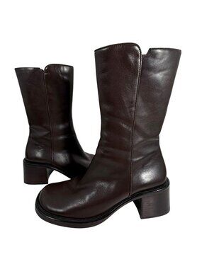 DIBA Womens Brown Leather Mid-Calf Boots Size 6.5M With Block Heels Side Zippers